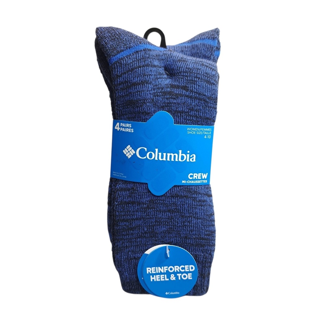 COLUMBIA 4‎ Pairs Women's Crew Socks Blue Reinforced Heel & Toe Shoe Size 4-10